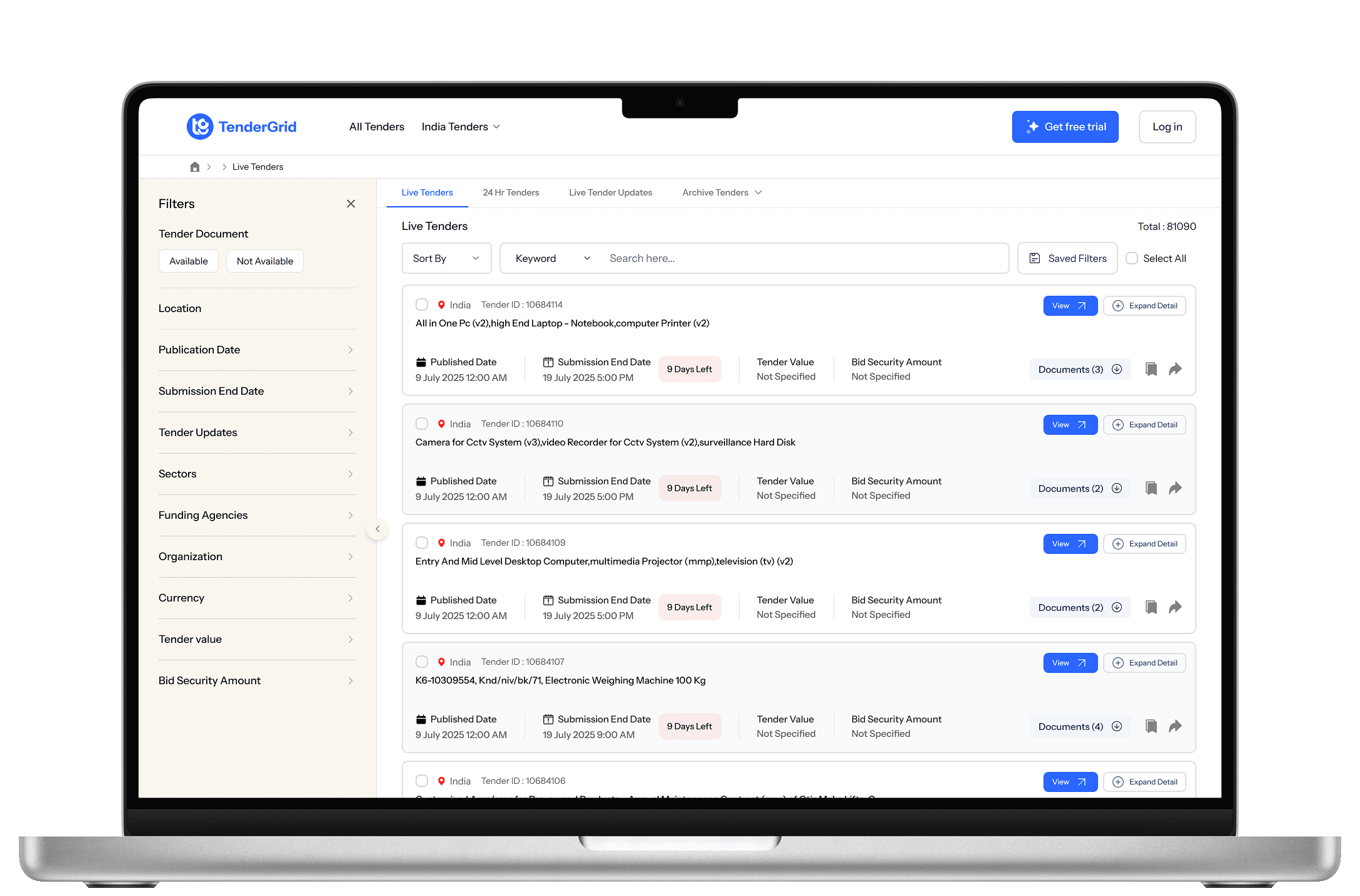 Tender Grid free trial dashboard preview